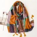 Bohemian oversized cotton linen shawl scarf with leopard print patchwork and tassels - Multicolor Leopard Snake Patchwork (SL2202-021) / 180*88cm