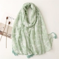 Mint green cotton linen scarf with white floral patterns and handmade tassel fringe - Mint Green Lily Style (SL2202-007) / 180cm