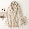 Linen-touch plaid scarf for women with soft pastel color blocks and handmade tassels - Beige Multicolor Geometric (SL2202-005)