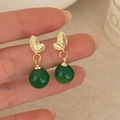 Elegant gold leaf earrings with round green agate pendants in a vintage aesthetic - Gold Leaves