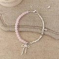 Bracciale in quarzo rosa e catena d'argento con ciondolo a fiocco traforato - Bracciale in Pietra Naturale Rosa