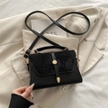 Black suede patchwork crossbody bag with round gold metal buckle and handle - Black