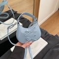 Light blue glossy patent leather shoulder bag with sweet double bow accents for women - Blue