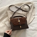 Deep brown patchwork suede crossbody bag with vintage gold hardware and adjustable strap - Coffee