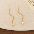 Detail van lange gouden kwastjes oorbellen met witte driehoekige hanger op linnen - Broken Wit