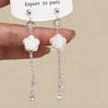 Elegant shell flower tassel earrings with white resin petals and silver chain details - Silver Tassel Earrings