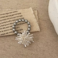 Artistic silver dandelion ring featuring grey pearls on a vintage linen and paper backdrop - Silver with Grey Pearl