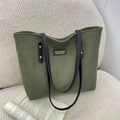 Dark green corduroy tote bag with black leather handles and fashion logo patch - Green