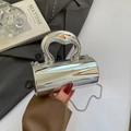 Silver mirror mini cylinder bag with metallic handle and detachable chain strap - Silver