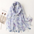Artistic watercolor cotton linen scarf for women with blue ink print and soft tassels - Extra Long Style / Blue-Purple Ink Watercolor Style (SL2202-001)
