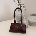 Chocolate brown minimalist shoulder bag with silver buckle and polished finish - Brown