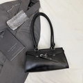 Minimalist black leather square shoulder bag with silver buckle and belt decoration - Black