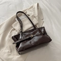 Dark brown oil wax leather shoulder bag with glossy finish and gold buckle details - Brown