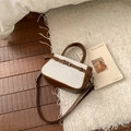 Borsa a mano in pelle marrone e tela beige con tracolla regolabile e dettaglio fibbia - Marrone