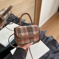Chique geruite crossbody mini-tas met bruine PU-leren bies en vintage tweed patroon - Bruin