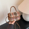 Chic red-brown plaid mini crossbody bag with leather trim and adjustable shoulder strap - Brown