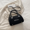 Retro black suede Boston bag with gold rivets and embroidered letters in a crossbody style - Black