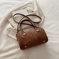 Brown suede Boston bag with M'DoLnu logo, dual handles and adjustable shoulder strap - Brown