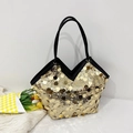 Golden sequin tote bag with black handles and metallic glitter finish for evening fashion - Gold