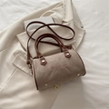 Vintage khaki suede cylinder pillow bag with brown leather handles and gold metal accents - Khaki