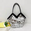 Chic silver sequin tote bag with black leather handles and elegant V-shaped opening - Silver
