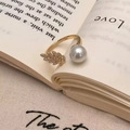 French style gold leaf open ring with white pearl and sparkling zircon accents - Gold Pearl Leaf Style (C-361)