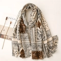 Linen feel scarf with leopard and paisley prints and fringe trim for sun protection - 180*90CM / White