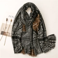 Linen feel scarf featuring paisley and leopard print patchwork with fringe edges - 180*90CM / Black