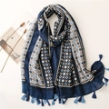 Blue linen scarf with geometric diamond prints and tassels for women's sun protection - Blue