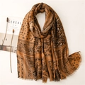 Linen feel paisley leopard print scarf shawl for women with bohemian fringe detailing - 180*90CM / Camel