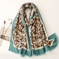 Teal and earth tone patterned soft cotton scarf with fringe and a lightweight drape - Blue (SL2109-044 Blue Border)