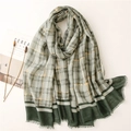 Green and beige plaid linen scarf with gold metallic threads and frayed edges - Green