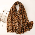 Detailed close-up of leopard print scarf with textured fringe edges and cotton-linen feel - Coffee (SL2110-015 Coffee)