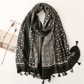 Sciarpa scialle effetto lino con stampa geometrica e nappe decorative per donna - Nero