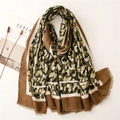 Close-up of abstract camo print scarf with soft texture and delicate frayed edge details - Khaki (SL2109-044 Khaki Border)
