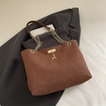 Dark brown suede tote bag with golden deer charm and elegant chain shoulder strap - Brown