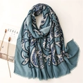 Blaues Baumwolle-Leinen-Schal mit Paisley-Muster und Fischgrätenmuster mit Fransen - Blau (SL2110-014)