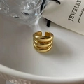 Polished gold multi-layer open ring featuring three stacked thick bands in retro style - Gold Multi-Layer Band Mirror Ring (C-365)