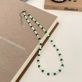 Green and white beaded necklace with freshwater pearls and adjustable silver clasp - Green Chalcedony and Shell Bamboo Joint Beaded Necklace