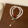 Bracelet double couche en pierres naturelles roses avec perles sur support en bois - Bracelet Rose à Double Rangée