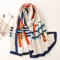 Italian style cotton linen scarf with colorful chain logo print and stripe pattern - Blue Trim