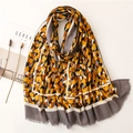 Soft leopard print shawl with fringe trim and artistic orange patterns for women - Gray (SL2109-044 Gray Border)
