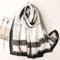 Minimalist cotton linen scarf with geometric belt pattern and letters on white background - One Size / Gray