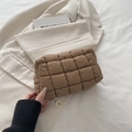 Handheld quilted khaki cosmetic bag with stylish square pattern and zipper closure - Brown