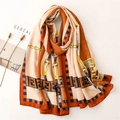 Fashionable cotton linen scarf with belt chain patterns and letter borders in orange and blue - One Size / Brown
