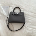 Dark grey leather tote bag with litchi texture and metal twist lock closure - Grey Without Pendant