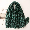 Detail of green and black leopard print scarf with textured fringe and cotton-linen feel - Green Leopard Print Style (SL2110-016 Green)