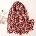 Pink leopard print scarf with fringe tassels and herringbone pattern on white background - Red Leopard Style (SL2110-016红)