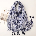 Écharpe tie-dye bleu et blanc avec glands faits main et texture douce en coton et lin - 180*90CM / Bleu/Tie-dye