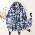 Blue and white tie-dye scarf with tassels in a minimalist bohemian aesthetic scene - Blue and White Tie-Dye Tassel Style (SL2111-006) / Large Long Shawl